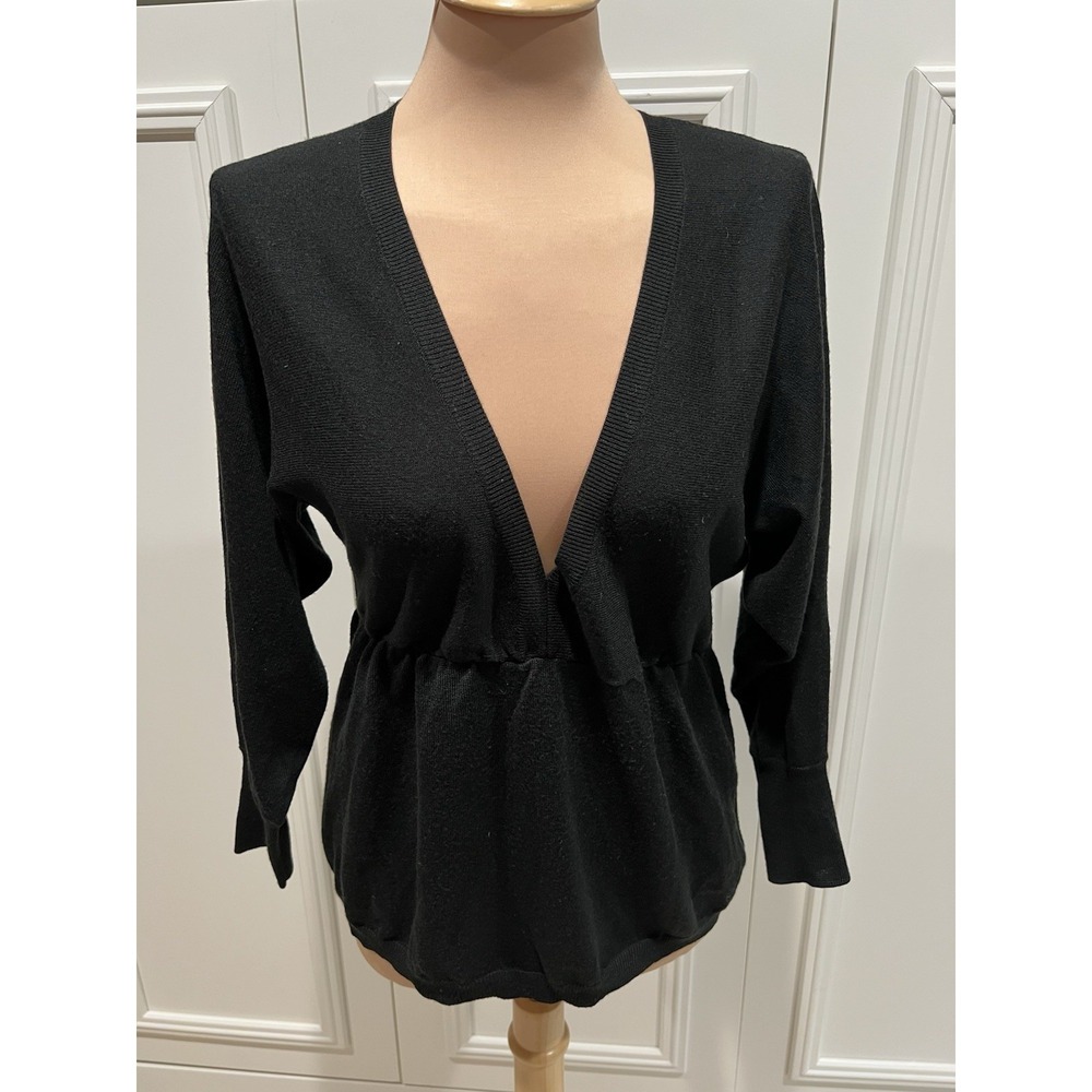Loft Black Wool Cashmere Babydoll Sweater Top Deep V Dolman Y2K 90s